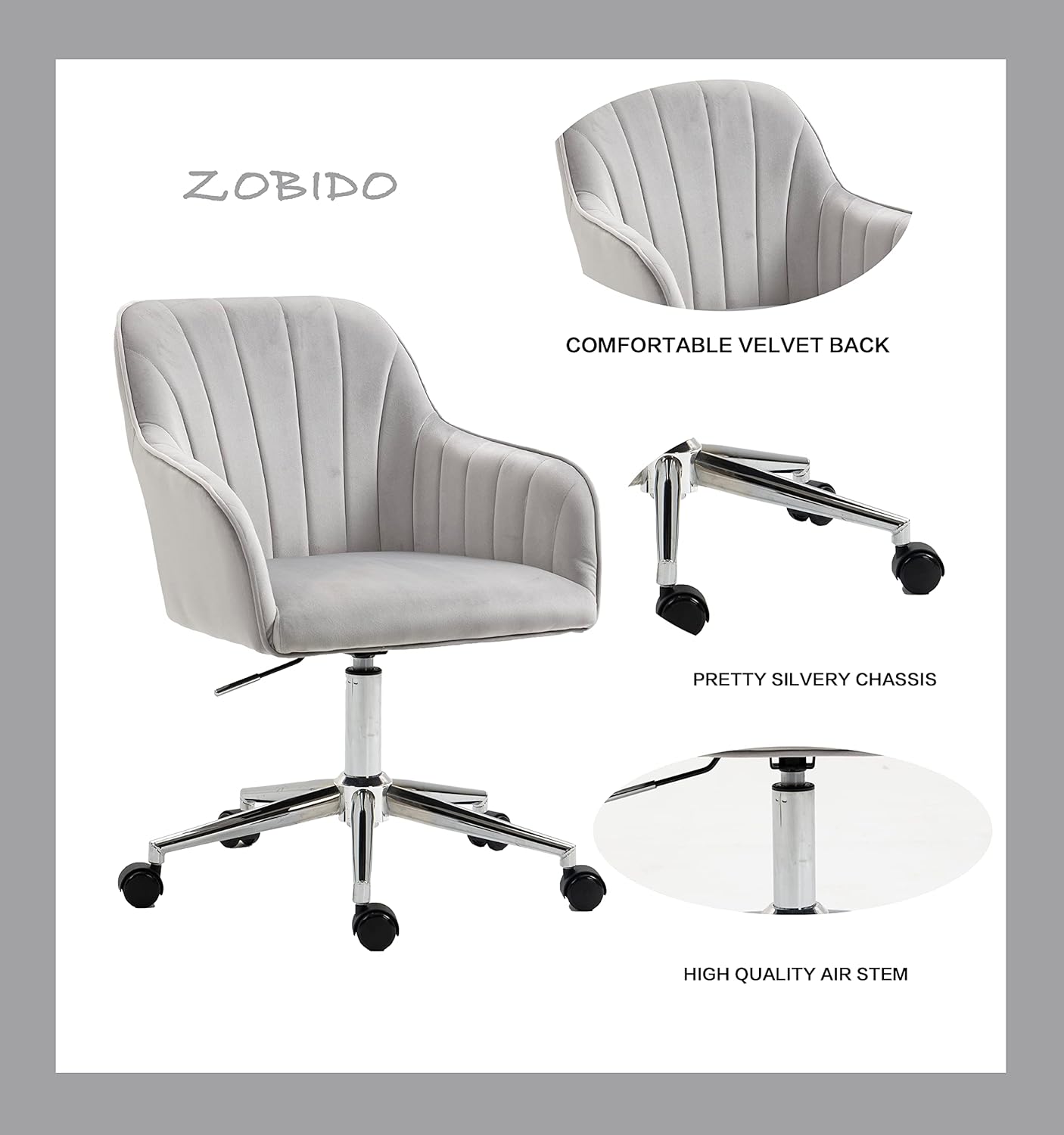 ZOBIDO Comfy Home Office Task Chair with Wheels, Cute Modern Upholstered Velvet Back Adjustable Swivel Vanity Desk Chair, for Women, for Kids, for Girls, Living Room, Bedroom(Grey)