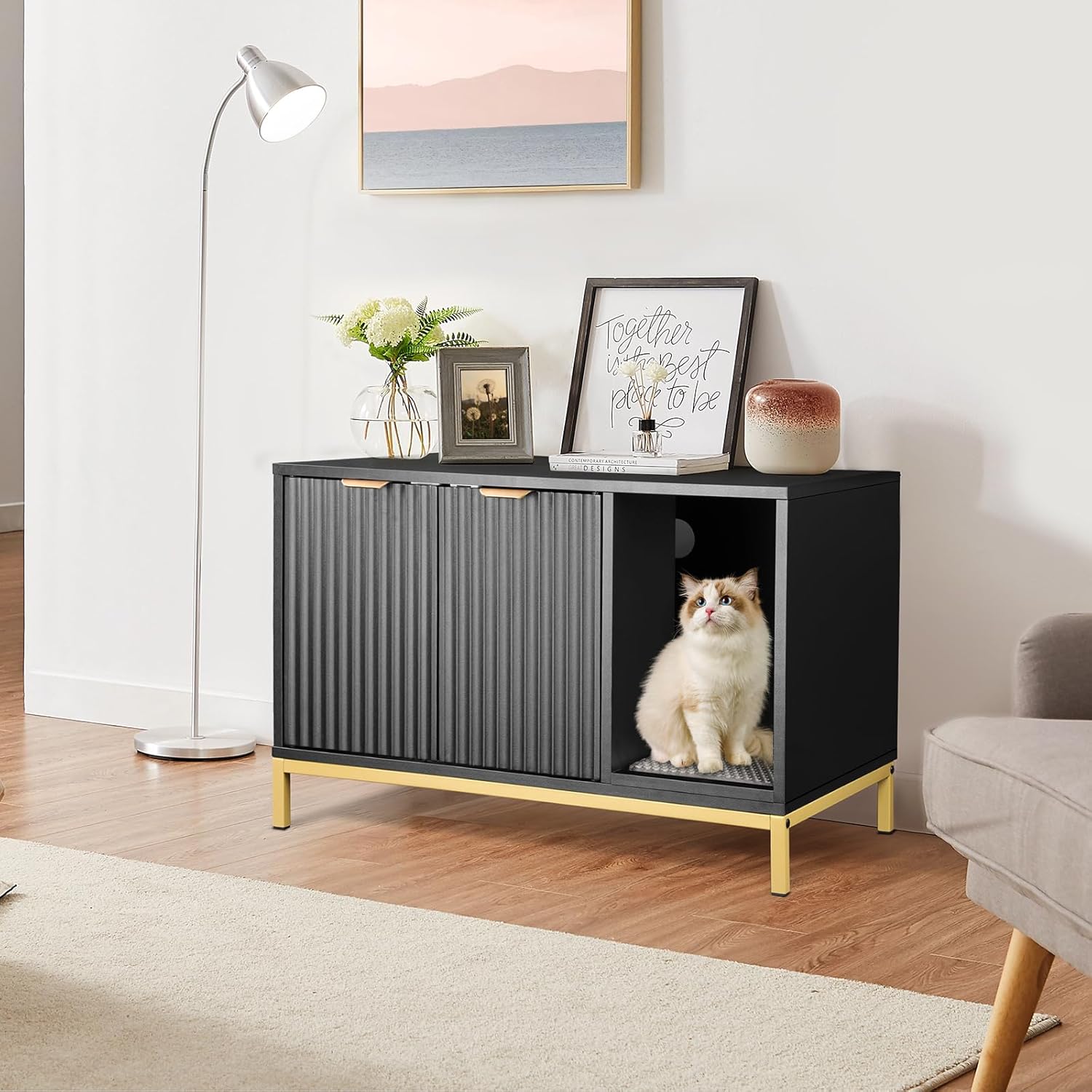 Cat Litter Box Enclosure, Hidden Litter Box Furniture with Metal Legs, Side End Table Indoor Cat House Storage Cabinet 31.5 x 19.7 x 20 Inches (Black + Gold)