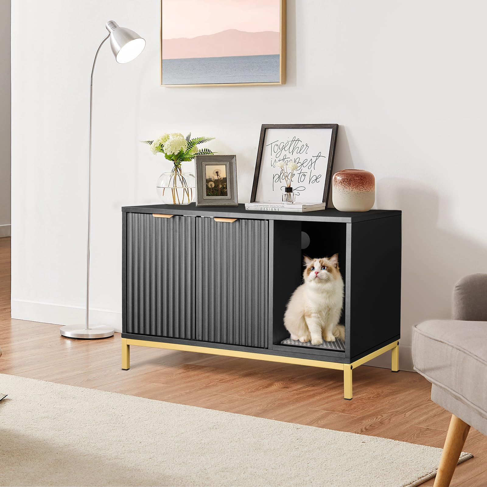Cat Litter Box Enclosure, Hidden Litter Box Furniture with Metal Legs, Side End Table Indoor Cat House Storage Cabinet 31.5 x 19.7 x 20 Inches (Black + Gold)