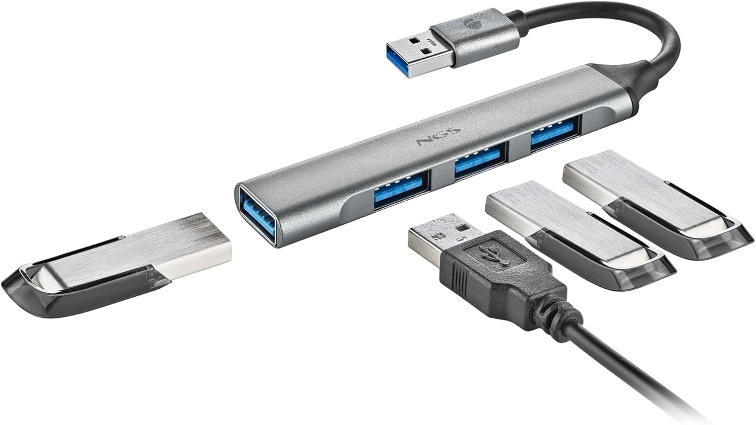NGS IHUB4 Micro 4-Port USB Hub (1x 3.2 Gen1, 3X 2.0), High Speed 5Gbps, Compatible with PC and Mac, Plug & Play, Compact Design, 100mm Cable