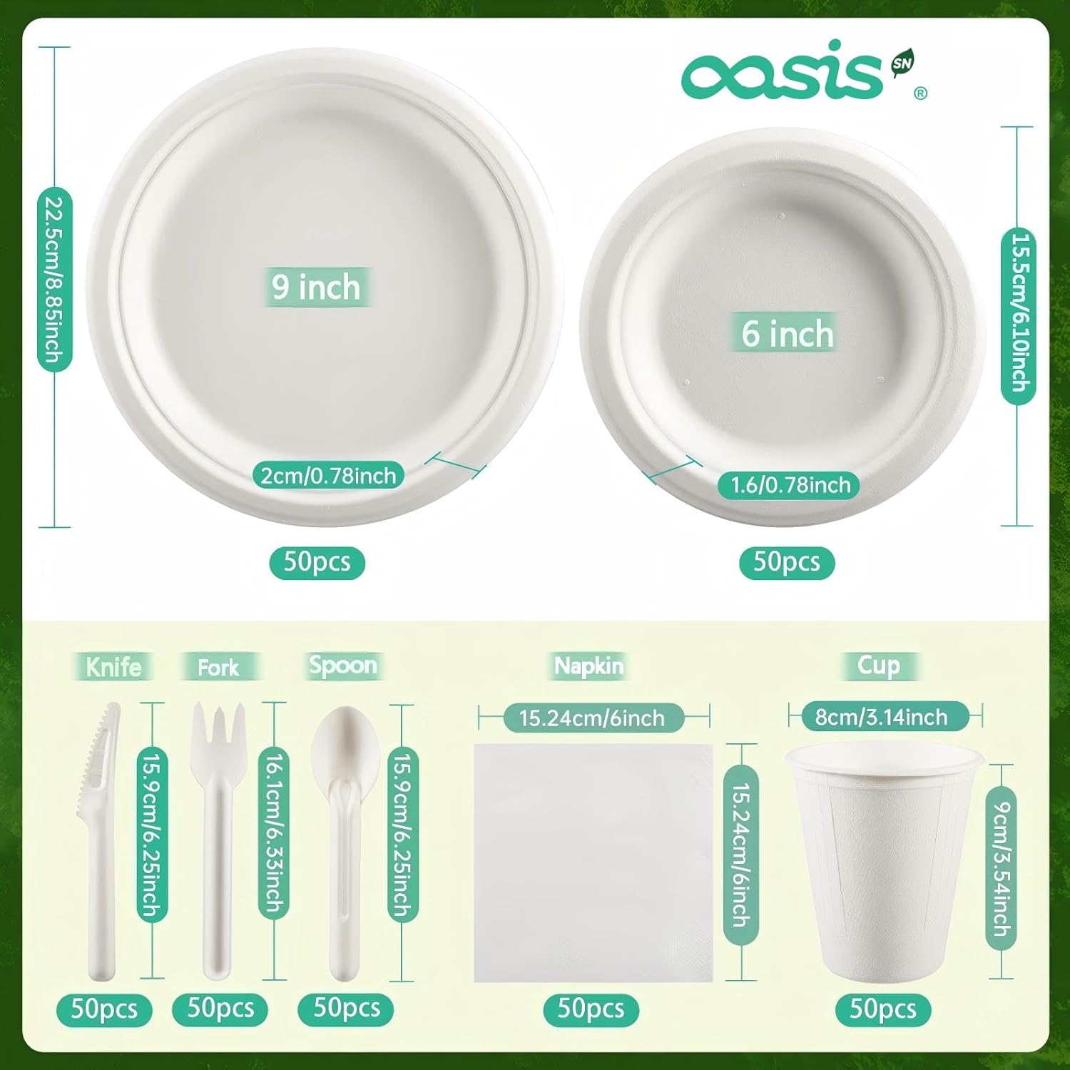 350PCS Disposable Paper Dinnerware Set for 50 Guests, Compostable 50 Dessert Plates, 50 9 inch Plates, 50 Cups, 50 Spoons, 50 Forks, 50 Knives and 50 Napkins, Perfect for Parties(White) - Image 2