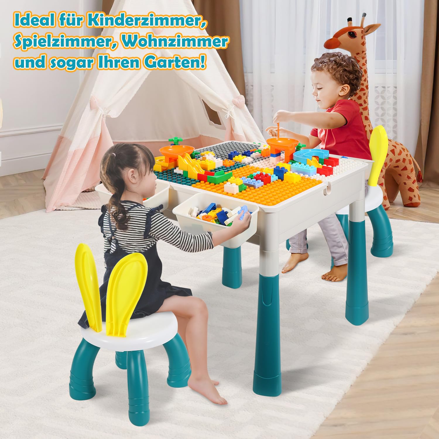 Tavolo da gioco per bambini con 2 sedie, tavolo da gioco con 251 mattoncini da costruzione, multifunzione, regolabile in altezza, set di mattoncini da costruzione