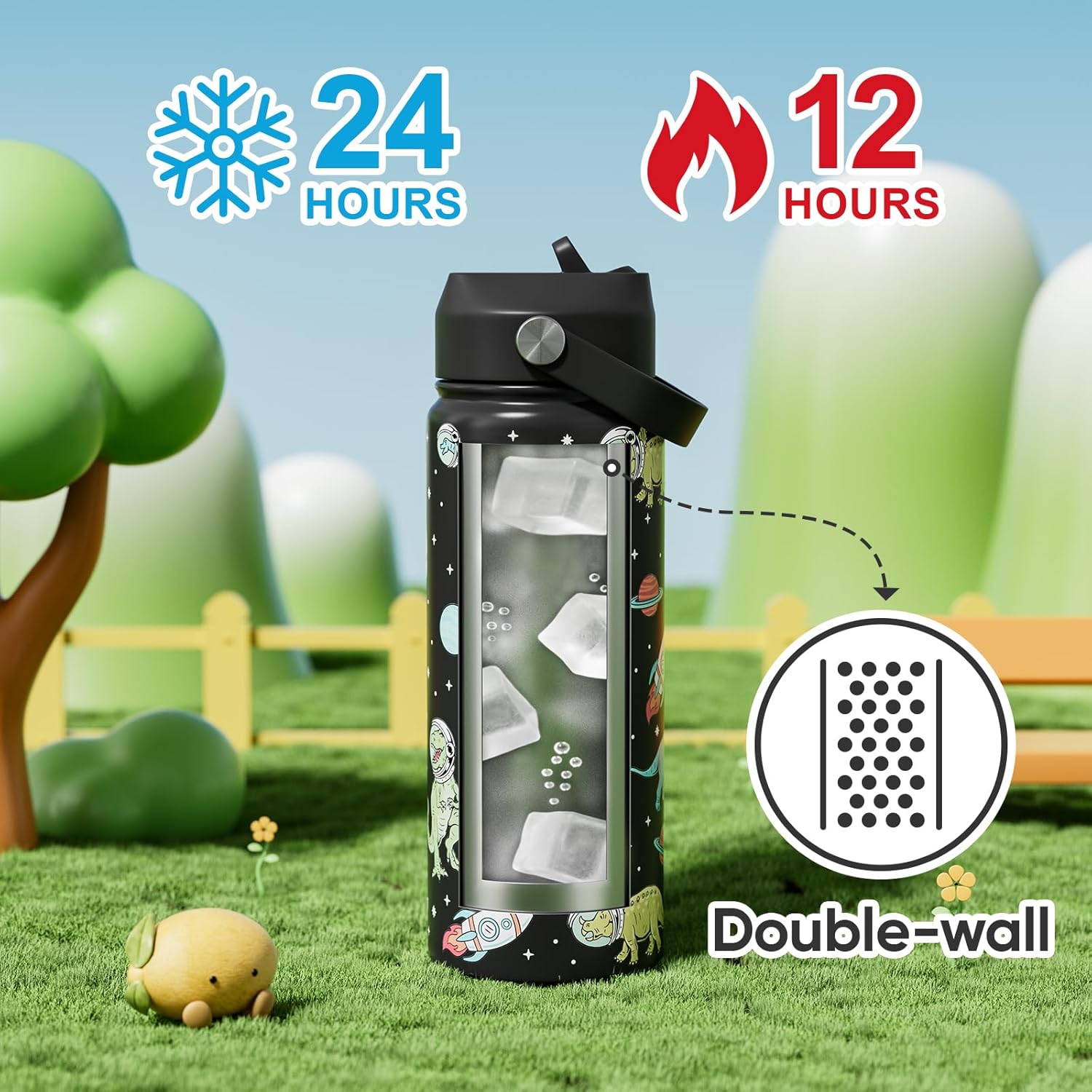 18 oz Kids Dinosaur Water Bottle for School with Straw, Leak Proof, Stainless Steel with Easy Flip&Handle, Reusable, Metal, Insulated, Backpack-side Fit, for Boys Little Dino Fans (Dinosaur) - Image 4