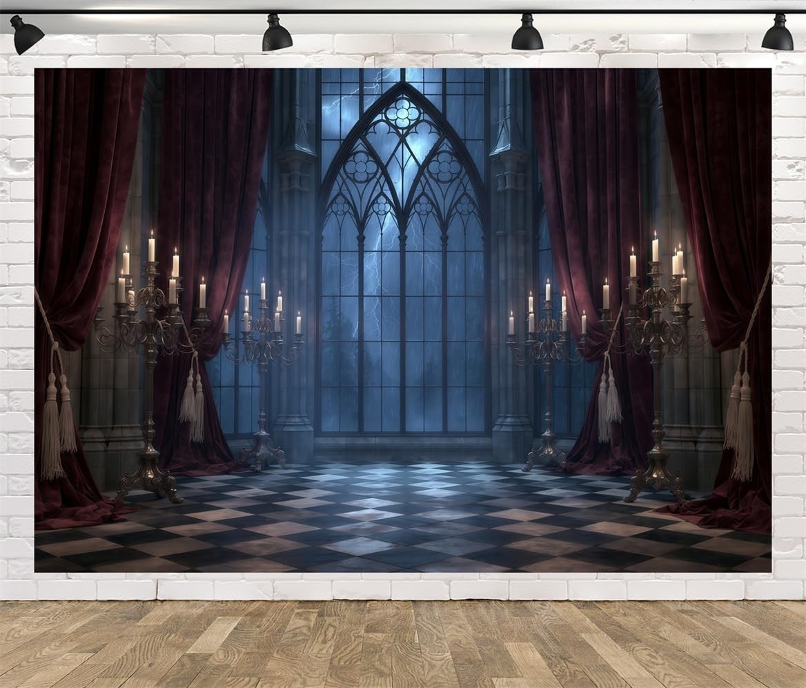 BELECO 3.6x3m Sfondo in tessuto Castello Gotico Palazzo Spaventoso | Finestra Ad Arco Inquietante Tempesta Tenda Candeliere Antico Sfondo Orrore Vampiro Halloween Telo Di Sfondo