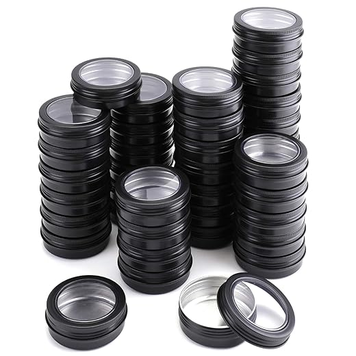 Foraineam 40 Pack 2 Ounce Round Tins Screw Lid Containers with Clear Window Matte Black Metal Empty Tin Cans Aluminum Travel Storage Jars for Kitchen, Office, Candles, Candies, Gifts, Arts & Crafts