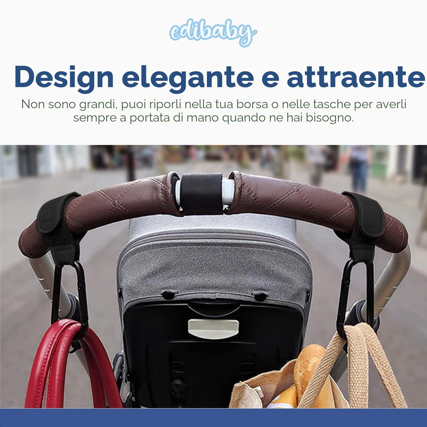 Edibaby, Ganci Passeggino, in Pelle, 2 Unità, Universale, Moschettoni per Carrozzina, per Borsa Passeggino, Zaini, etc (Nero)