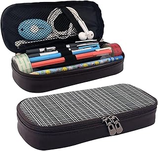 Gray Plaid Lines Print Leather Flap Cosmetic Case, Cosmetic Bag, Zipper Storage Bag, Leather Flap Stationery Bag