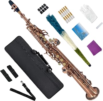 Bb Straight Soprano Saxophone, Bronze Lacquer Brass with Hand-Carved Pattern - Full Set Includes Hard Case, Mouthpiece, Reeds and Gloves for Beginners