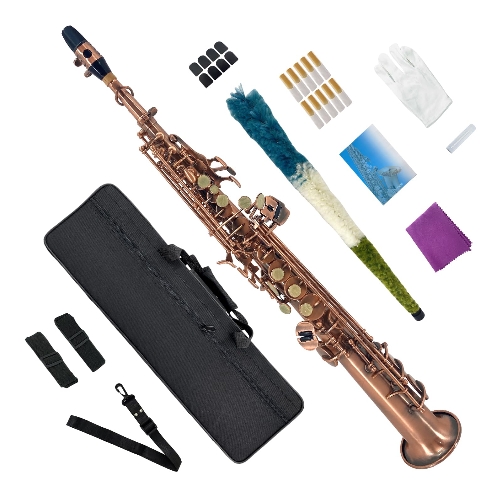 Sassofono soprano dritto in Sib, strumento a fiato in ottone, color bronzo, laccato con motivo intagliato, per principianti, set combinato con custodia e accessori