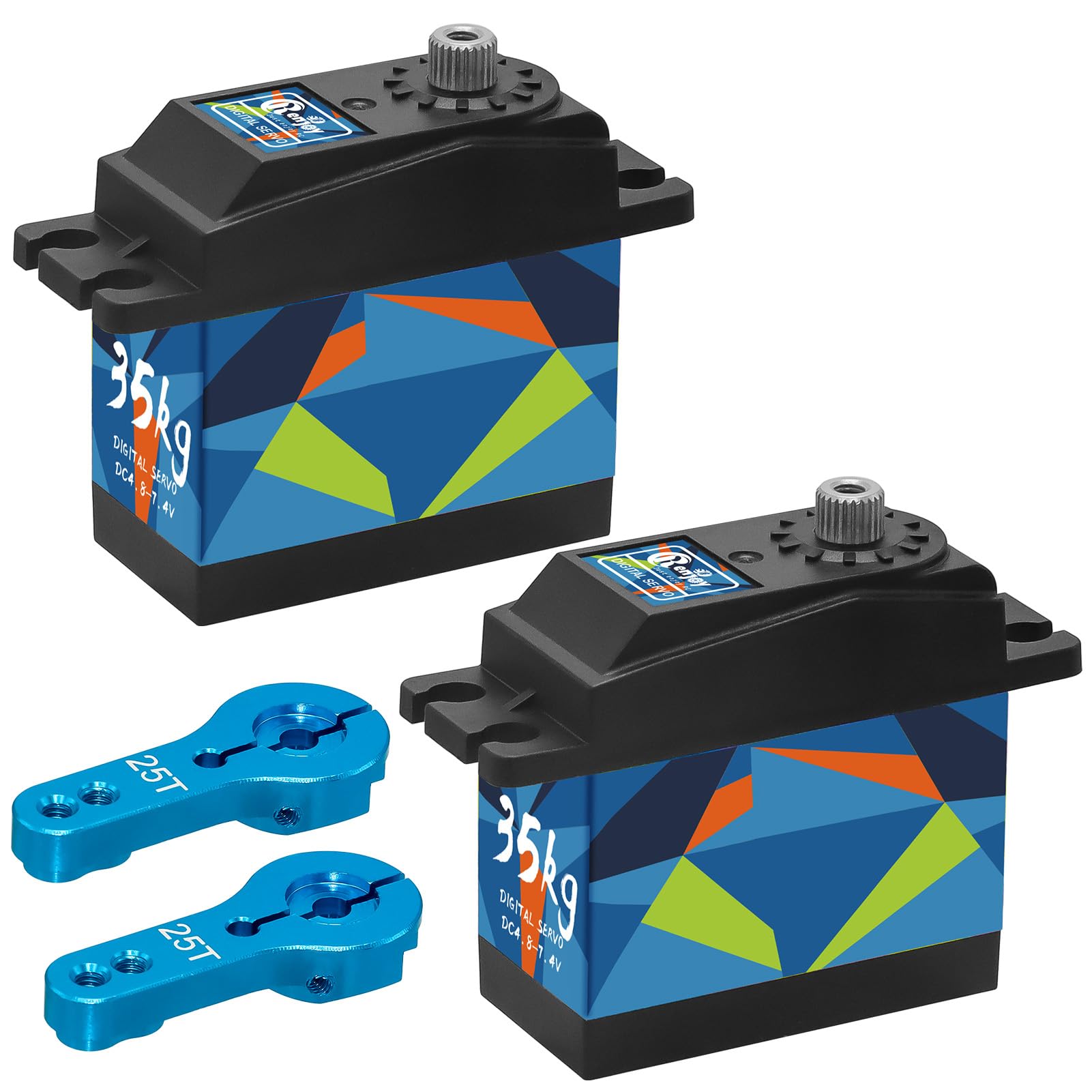 Lot de 2 servomoteurs numériques télécommandés 35 kg en acier à couple élevé avec bras servo 25T pour voiture sur chenilles 1/12 1/10 RC bateau robot, motif géométrique