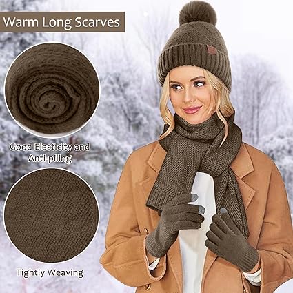 ZASFOU Dames Wintermutsen Set Touchscreen Handschoenen Sjaal Imitatie Mink Fluweel Gebreide Hoed Hoofdband Nekwarmer met Fleece Voering Cadeau voor Vrouwen, Blauw, one size
