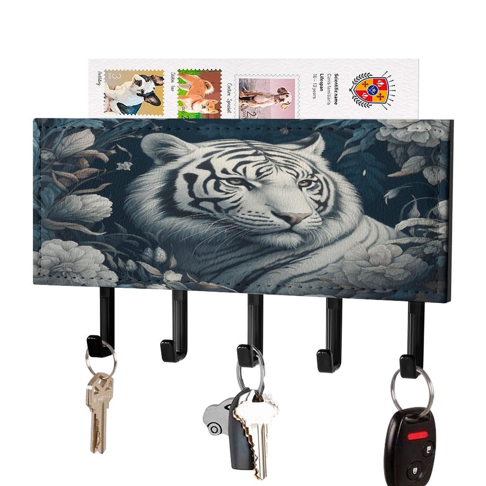 Fekiloot Black-Style Tiger And Flowers Key Holder Wall Mount Key Hanger With 5 Hooks Decorative Key Rack Hanging Key Hooks With Mail Organizer Key Holder For Wall Living Room Kitchen Bathroom Hallway Black