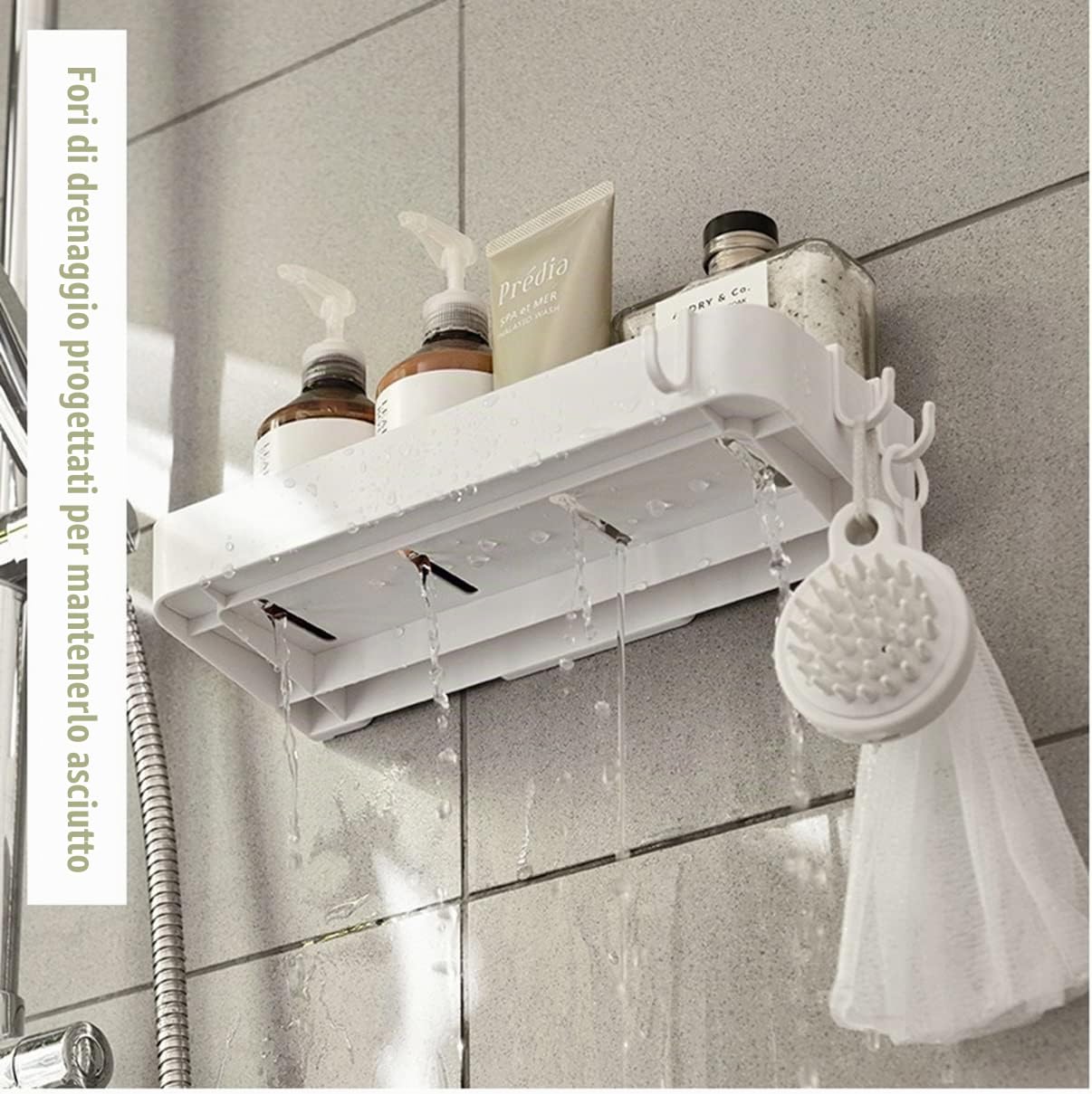 Mensola Doccia Senza Foratura Bianche, Mensole Bagno Adesive, Portaoggetti Doccia con 6 Gancio per Bagno Lavabo Cucina, 2 Pezzi