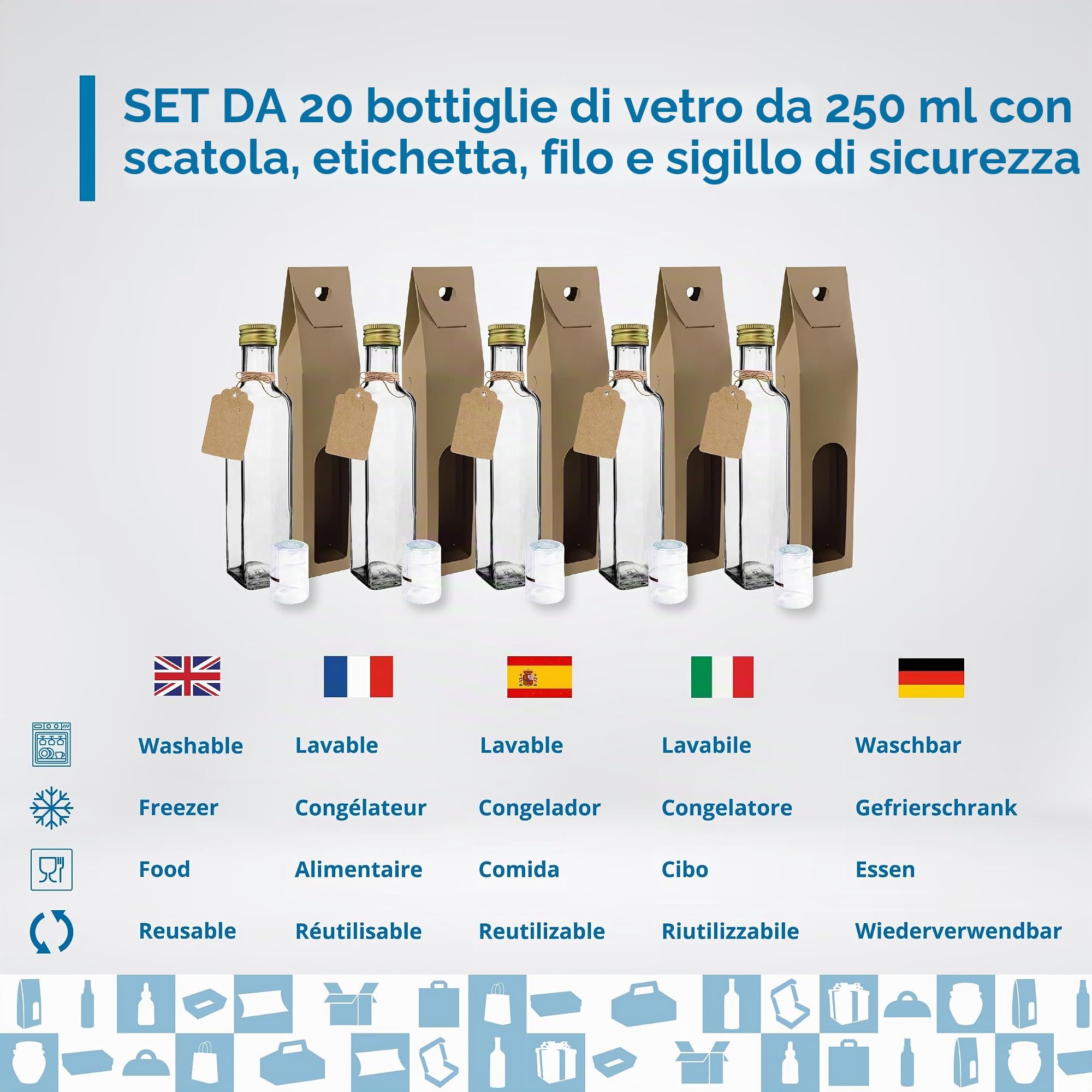 Set 20 Bottiglie di Vetro 250 ml con Tappo Dorato e Beccuccio + 20 Scatole, 20 Sigilli e 20 Etichette Kraft – Oliera Regalo per Olio e Aceto | Espirito Rebelde