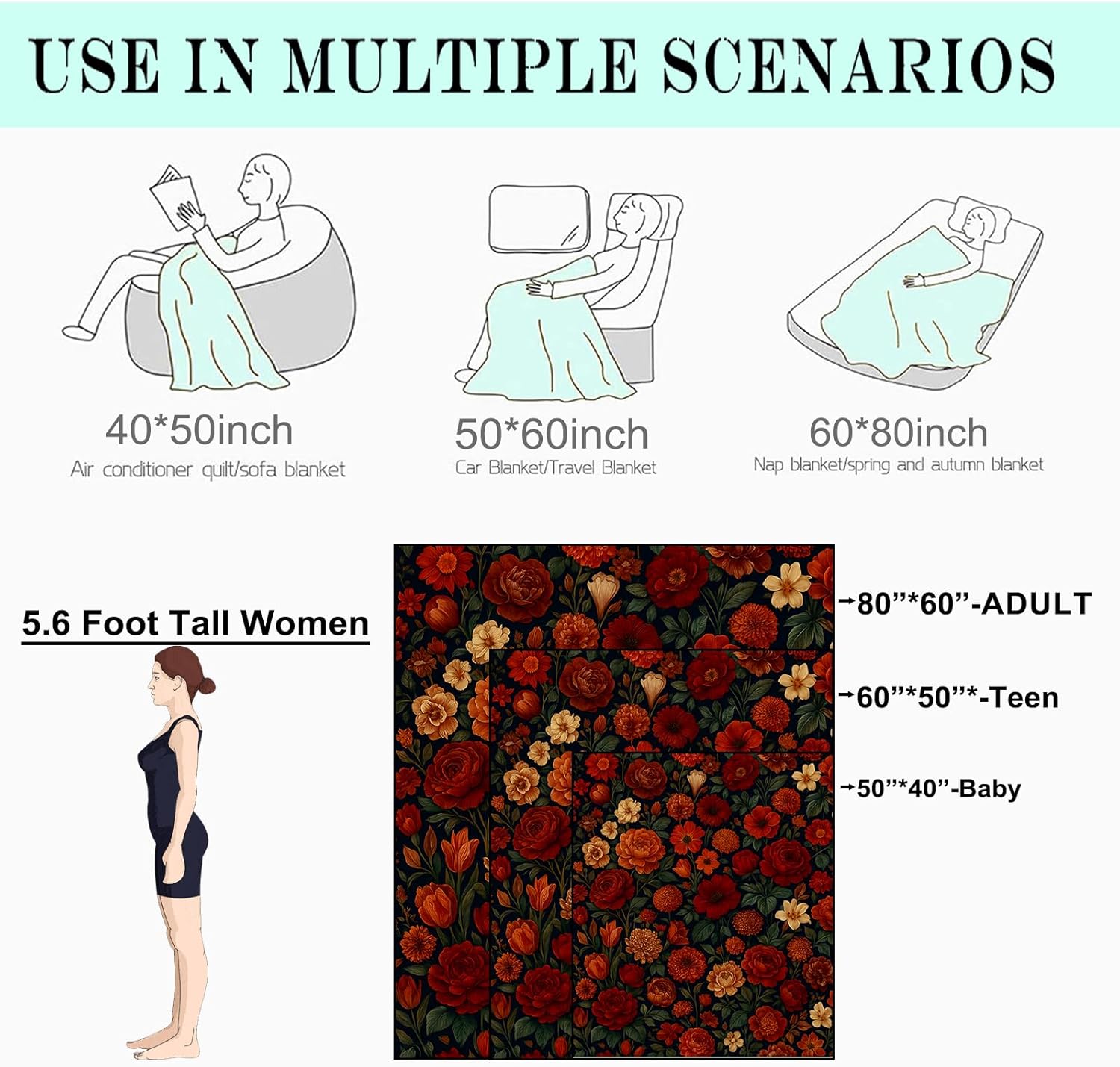 Vintage Dark Floral Fleece Blanket,40x50in,Red Orange Peony and Autumn Garden Flower Black Throw Blankets,Soft Cozy Lightweight, Ideal for Bed Living Room Home Boho Decor,Women Gifts