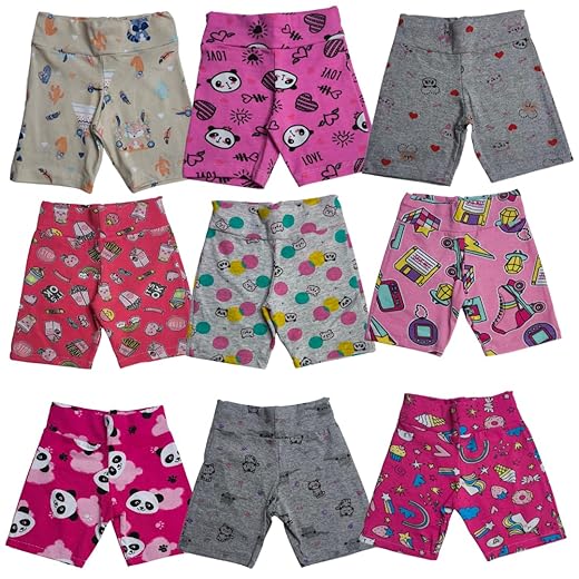 Kit 3 Bermudas Ciclista Infantil, 100% Algodão, Estampas Variadas, Cintura Alta