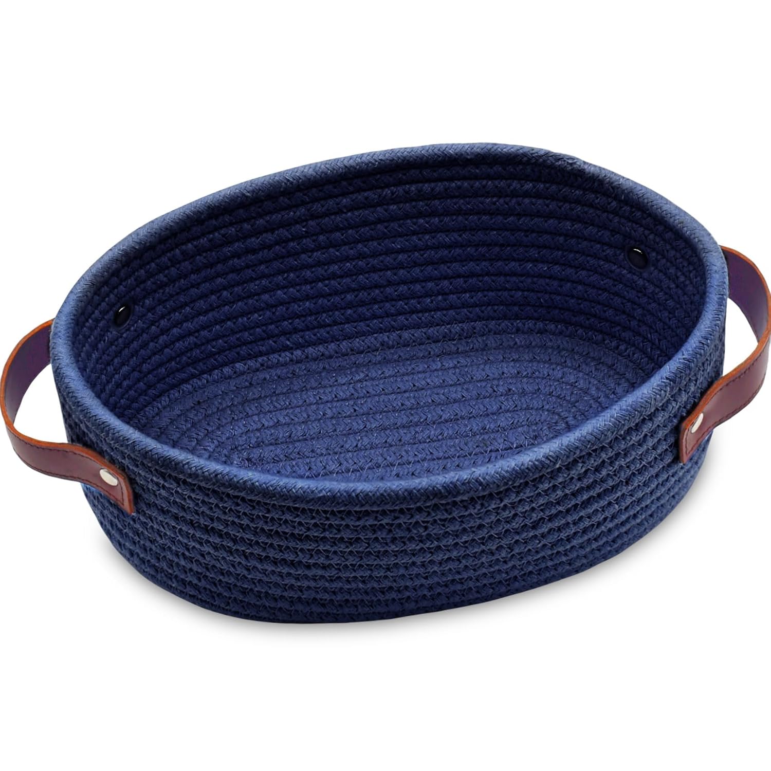 ABenkle Small Woven Basket with Handles, Mini Rope Storage Basket, Tiny Cute Shelf Baskets, Oval Decorative Toys Bin for Nursery, Living Room, Empty Gift Basket, 9.4" x 5.9" x 3.9" - XS Navy Blue