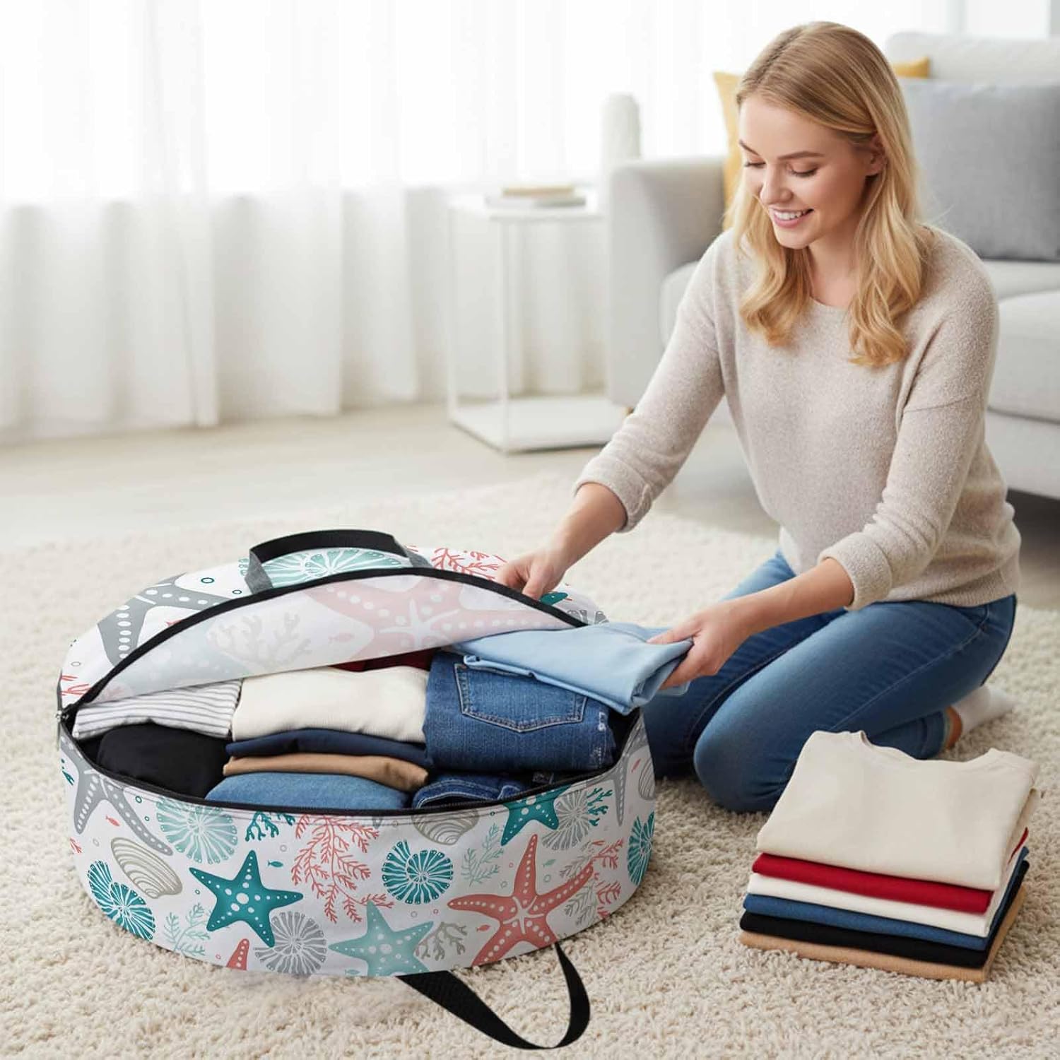 Summer Red Starfish Round Storage Bag 36 Inch, Grey Blue Ocean Coral Seashell Seaweed Clothes Storage Container with Handles Heavy Duty Organizer for Comforter, Bedding & Holiday Wreaths