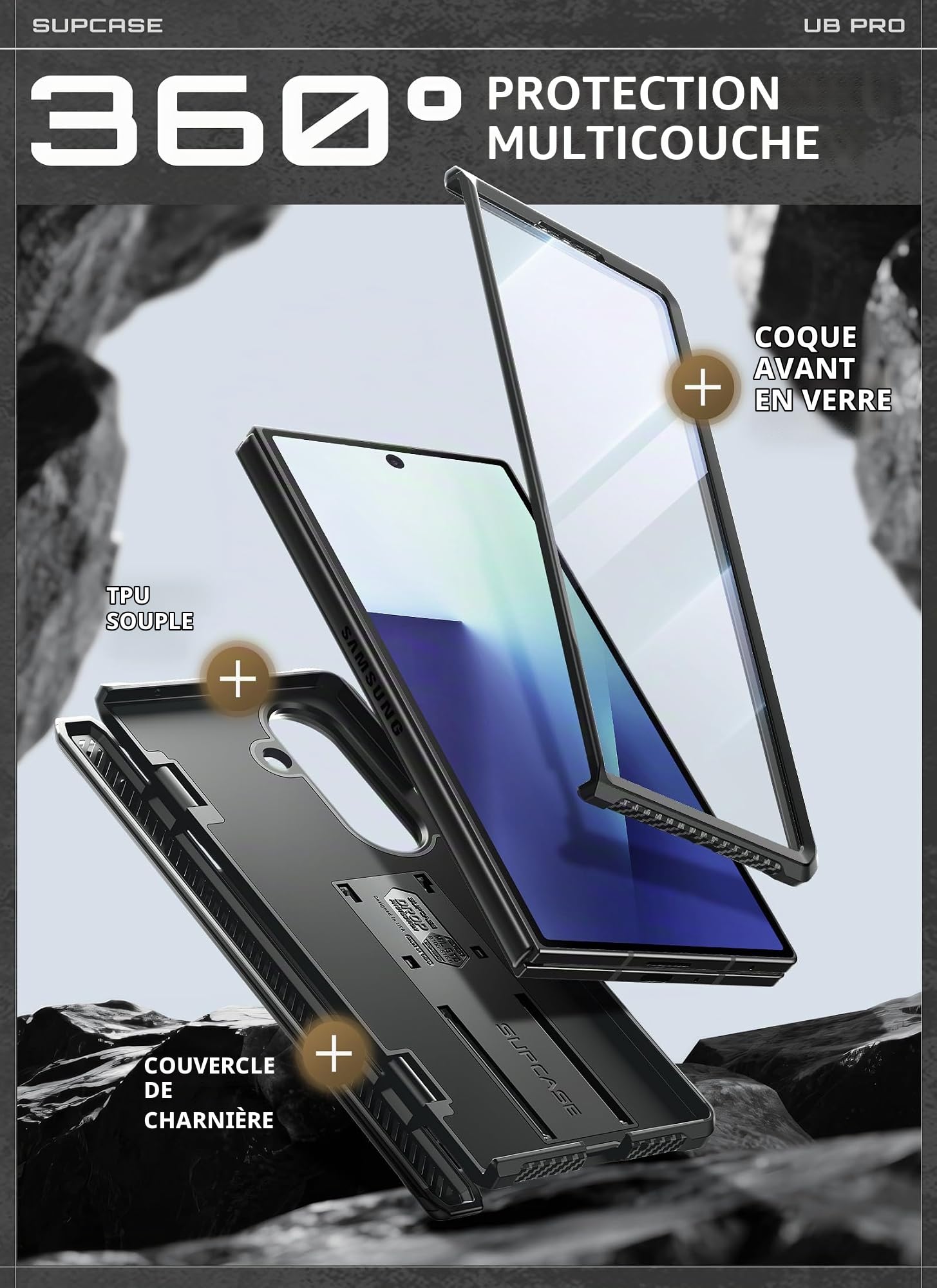 SUPCASE Coque pour Samsung Galaxy Z Fold 7 avec Support Pliable (UB Pro) [Protection d'Ecran en Verre Trempé] [Protection Qualité Militaire] Coque Intégrale Robuste pour Samsung Z Fold 7, Noir