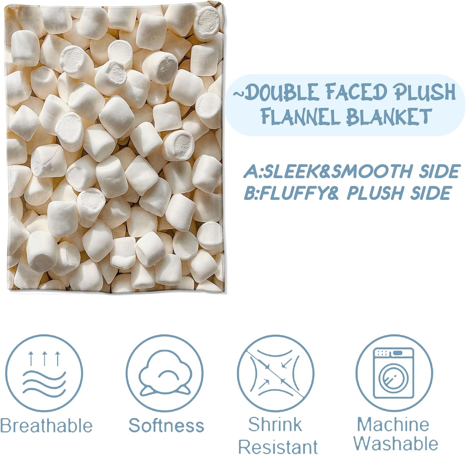 Marshmallow Blanket,Gifts for Sweet Lovers,Lightweight Flannel Throw Blankets,Realistic White Dessert Throws Home Decor,for Couch Living Room Office,60x50inch