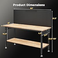 Vista 8 de CAMMOO Banco de trabajo de 60 pulgadas de altura ajustable con estante de almacenamiento, carga máxima de 2000 LBS, tablero de madera de caucho