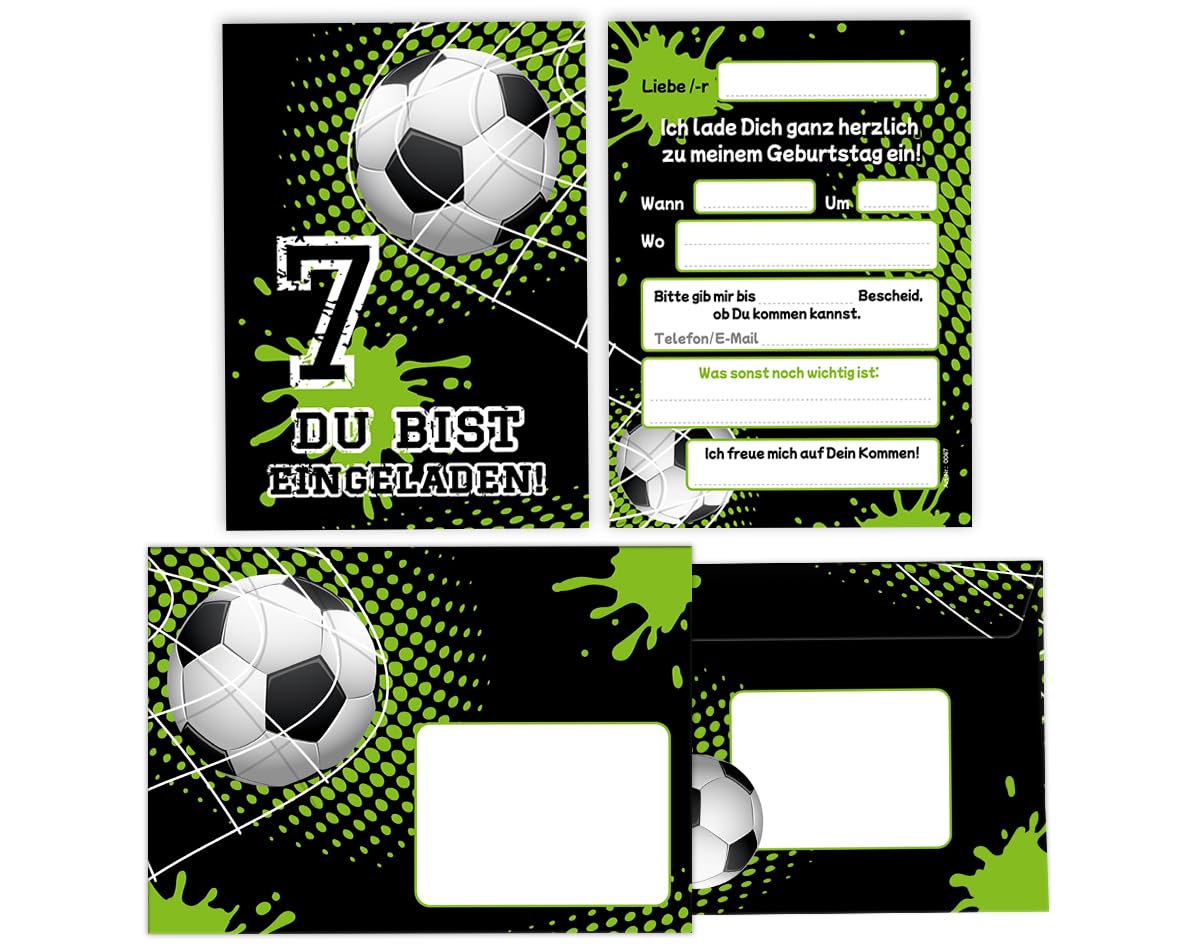 Minkocards 12 Einladungskarten incl. 12 Umschläge zum 7. Kindergeburtstag Junge Fussball Fußball Einladungen zum siebten Geburtstag Kinder Einladungsset
