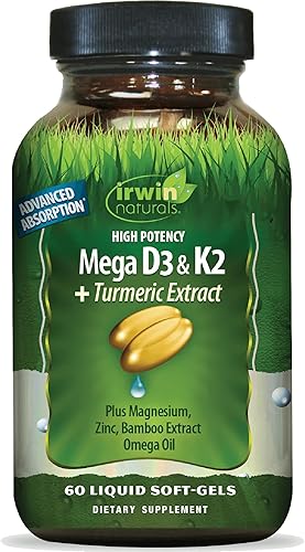 Irwin Naturals Mega D3 y K2 de alta potencia + extracto de cúrcuma — 60 geles blandos líquidos