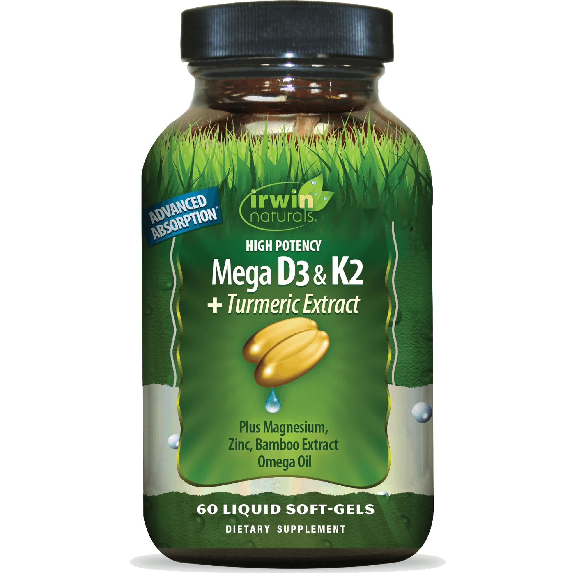 Irwin Naturals High Potency Mega D3 & K2 + Turmeric Extract for Healthy Bones, Immune Function & Positive Mood - Advanced Absorption with Magnesium, Turmeric, Bamboo & Omega Oil - 60 Liquid Softgels