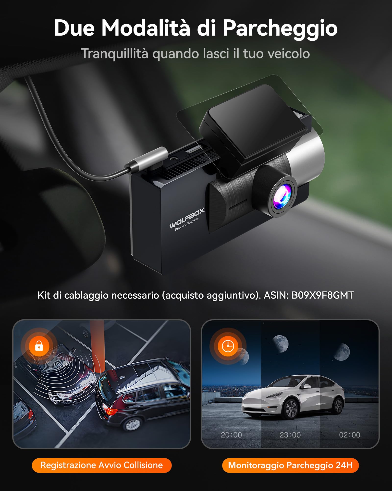 WOLFBOX i17 Telecamera per Auto Dash Cam 4K 3 Canali WiFi 5.8GHz con GPS Integrato e Scheda da 64GB, 2160P+1080P+1080P Anteriore/Posteriore/Interno, Visione Notturna IR, WDR, Modalità Parcheggio 24H