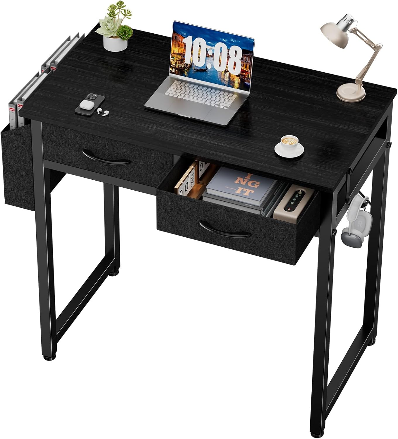 Sweetcrispy Small Desk with Fabric Drawers for Bedroom Home Office, 32 Inch Computer Gaming Desk Writing Study PC Table with Side Bag Headphone Hook Metal Frame Adjustable Feet,Pure Black