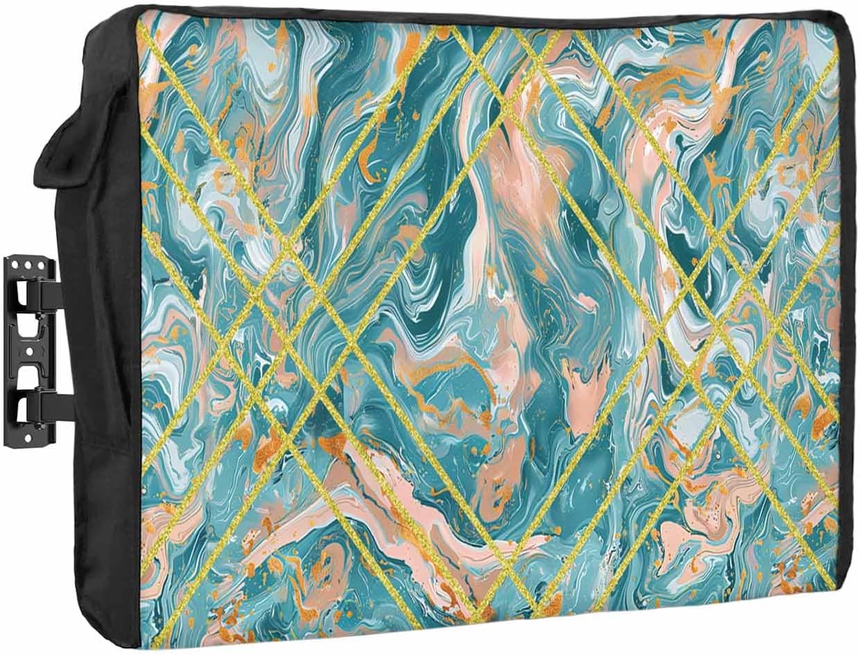 Outdoor TV Cover Turquoise Marble Abstract Geometric Contemporary Art Waterproof and Weatherproof 80"-85" LCD Movable Shield TV Display Screen Protector Outside Television Covers