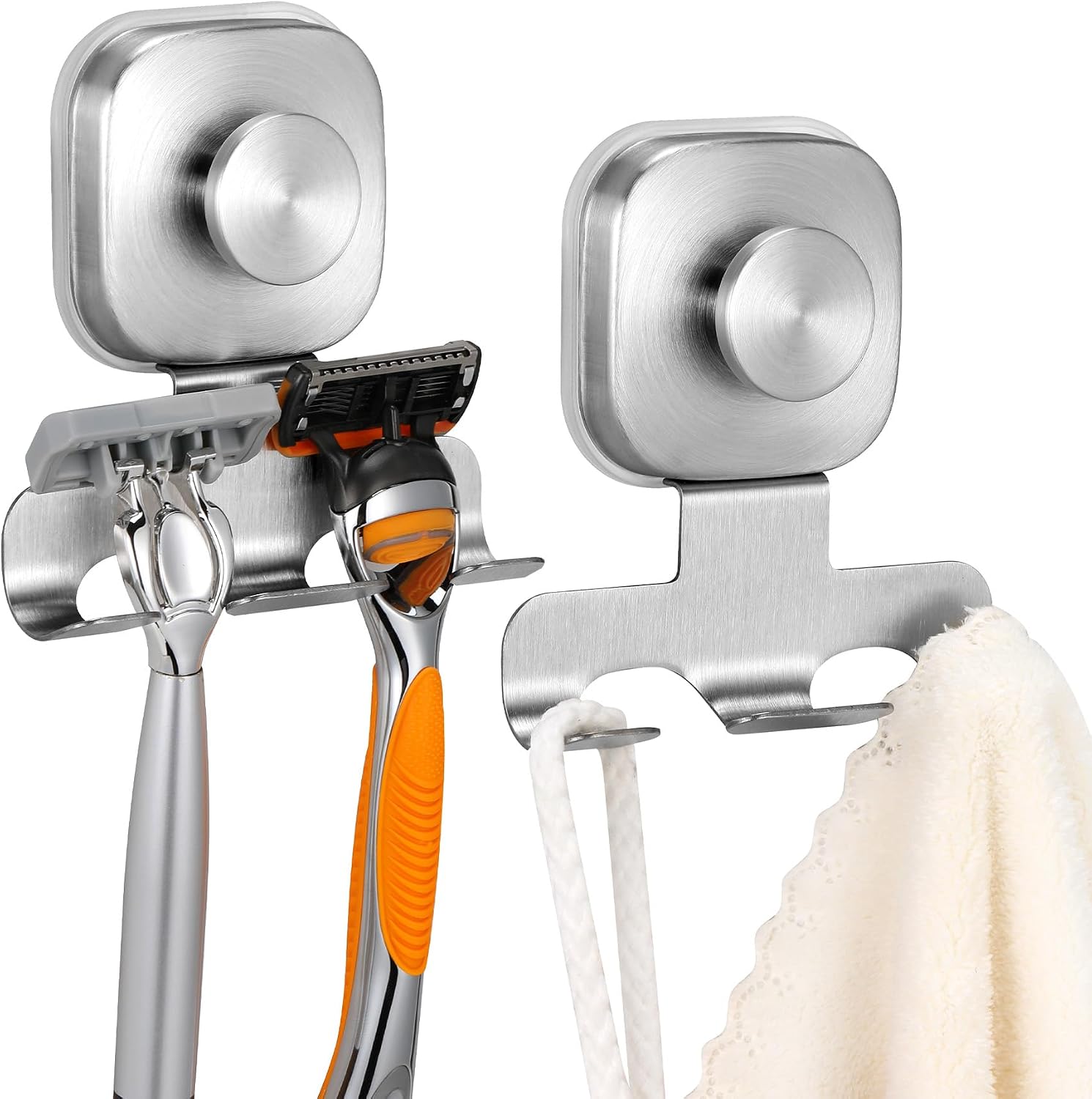 Razor Holder for Shower, 15 LB Suction Cup for Glass Door & Tile, Rustproof Stainless Steel Shaver & Loofah Hanger, No Drill Bathroom Hook for Renters & Dorm, Space Saving (2, Brushed Nickel)