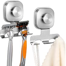 Razor Holder for Shower, 15 LB Suction Cup for Glass Door & Tile, Rustproof Stainless Steel Shaver & Loofah Hanger, No Drill Bathroom Hook for Renters & Dorm, Space Saving 2, Brushed Nickel