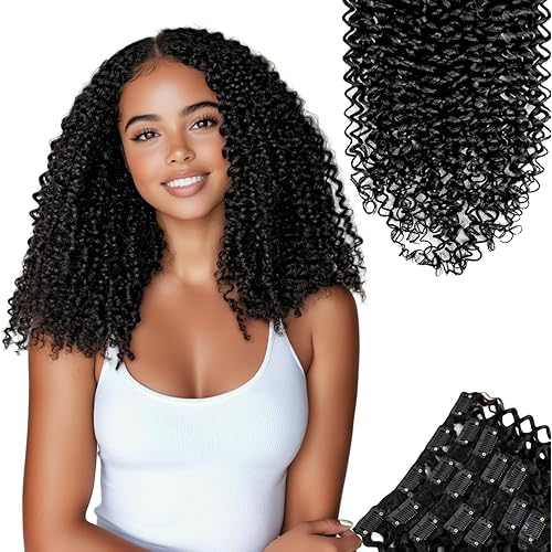 SIYUSI Kinky Curly Clip In Hair Extensions, 3C 4A 100% Brazilian Remy Human Hair Clip Ins, Invisible & Scalp-Friendly, Natural Black Color, 3.52oz, 7Pcs (16 Inch)