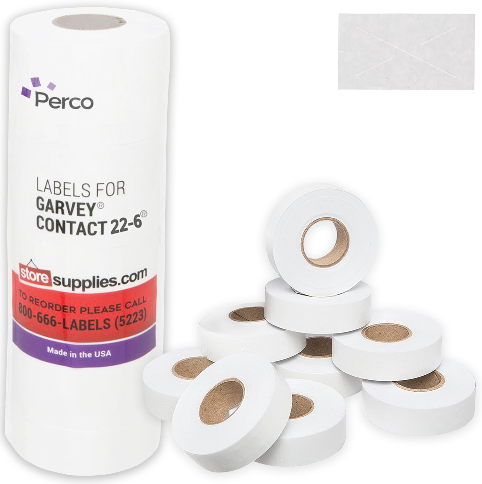 Perco 2212 White Pricing Labels for Garvey Contact 22-6/22-7/22-8 Price Gun - 9 Rolls, 11,000 Pricemarking Labels - with Bonus Ink Roll