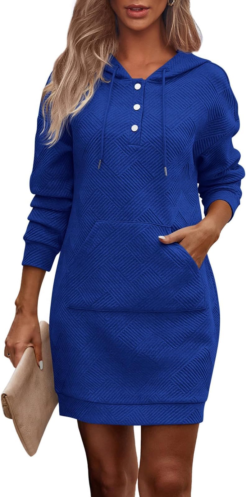 TrendiMax Robe à Capuche pour Femme Automne Transition Sweat à Capuche Texture Bouton Manches Longues Robes avec Capuche,