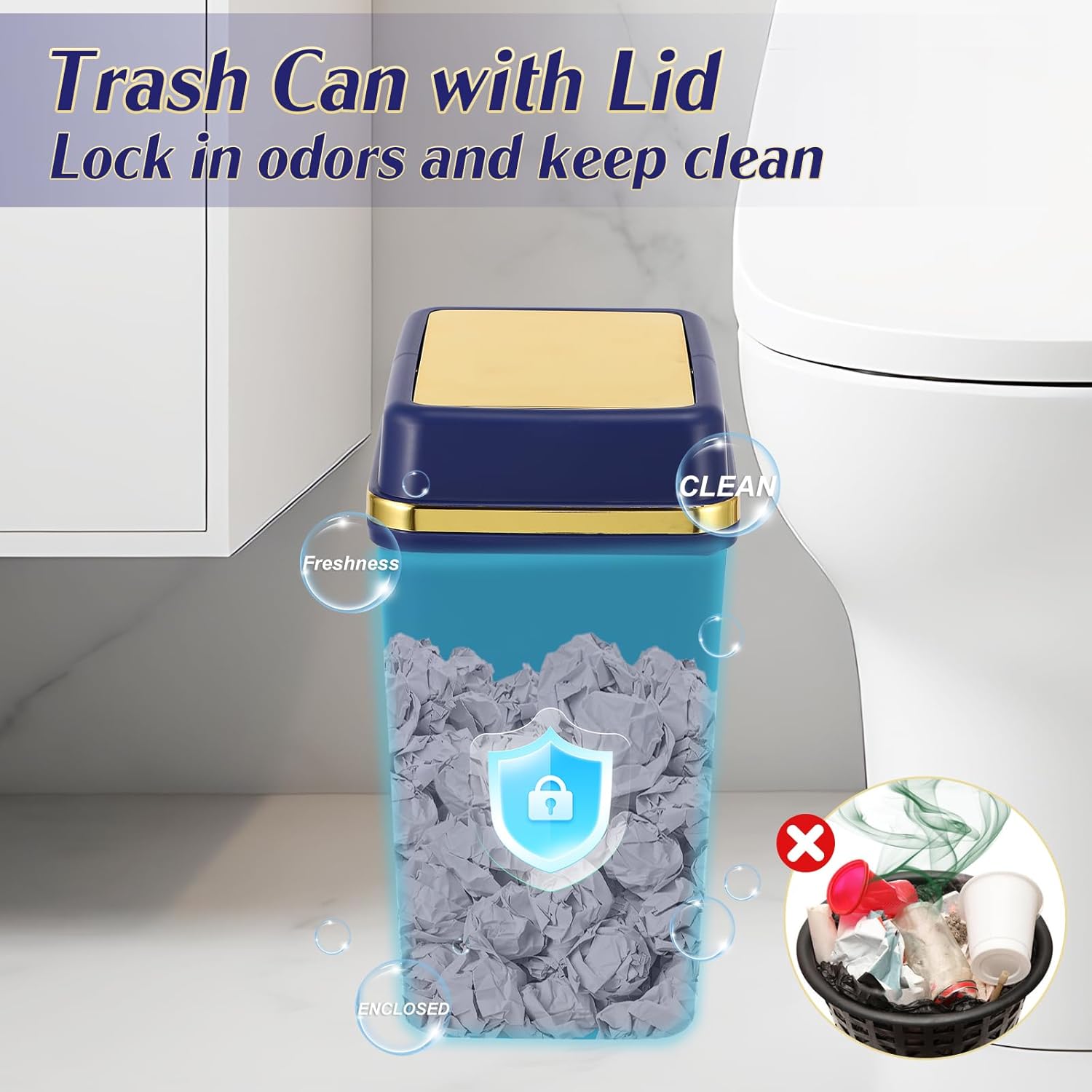 Bathroom Trash Can with Lid 4 Gallon Trash Can with Swing Lid Navy Blue Small Garbage Can Bathroom Garbage Can with 300 Counts Trash Bags for Kitchen Bedroom Office