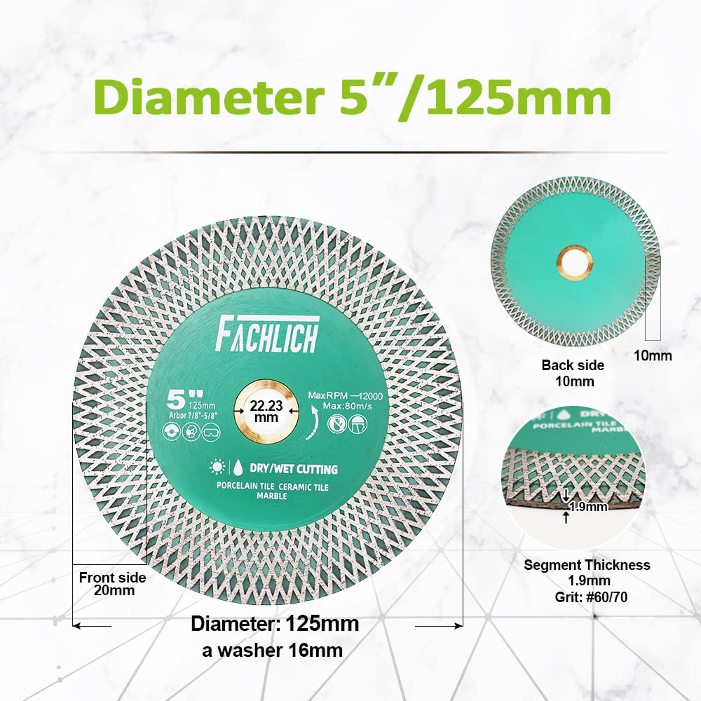 Disco Tronzador de Diamante 125MM 2 piezas Para Cortar y Moler con X Malla Turbo Hoja de Sierra para Porcelana Azulejos Cerámica Granito Mármol
