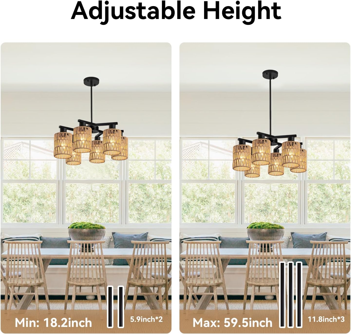 6-Light Farmhouse Rattan Chandelier for Dining Room, Black Boho Pendant Light Fixture with Hand Woven Rope Shades, Modern Coastal Hanging Pendant Lamp for Kitchen Island Foyer, Adjustable Height
