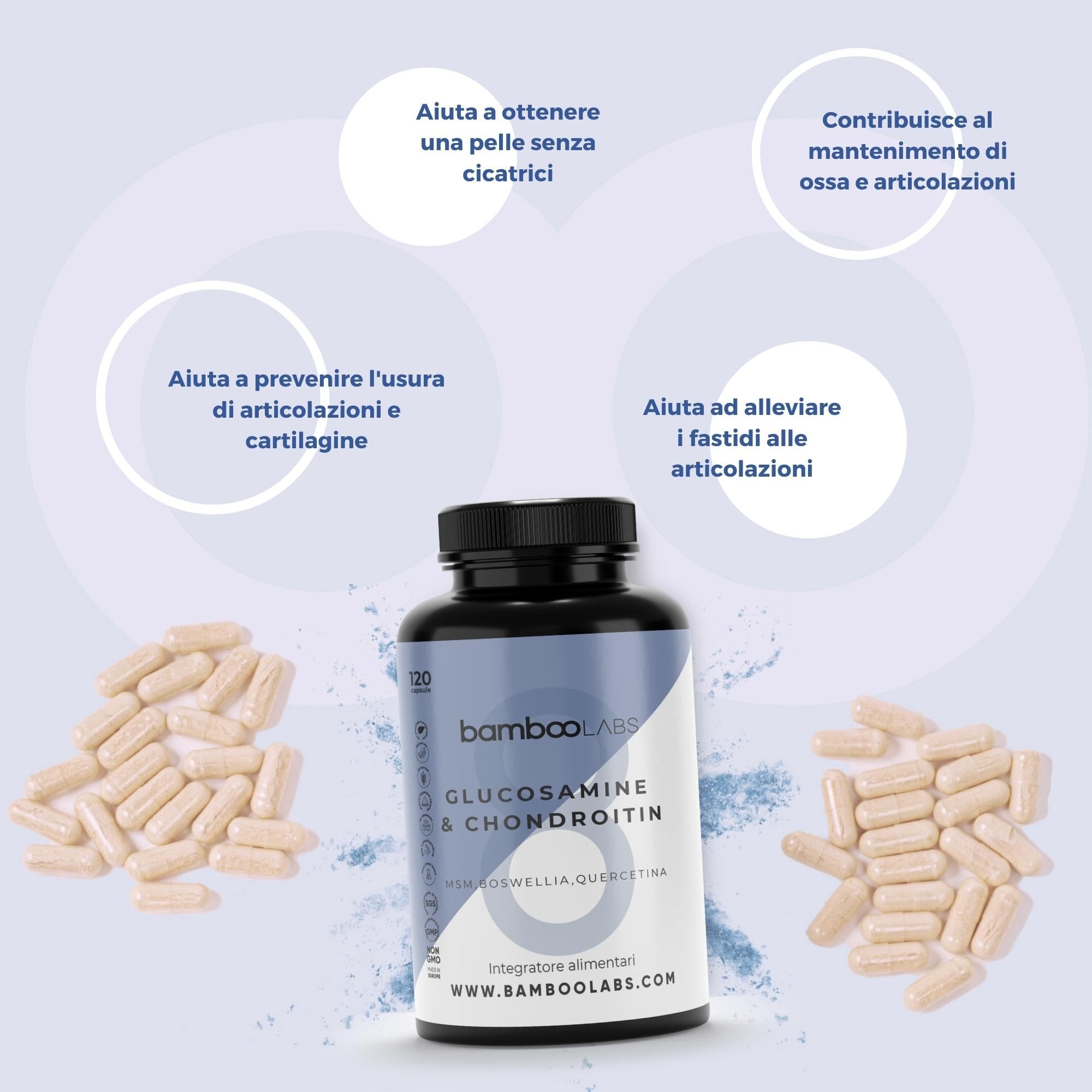 Bamboo Labs - Glucosamina, Condroitina, MSM, Boswellia, Acido Ialuronico e Quercetina, 120 Capsule Articolazioni e Cartilagine Integratori, Antiinfiammatorio Naturale per il Dolore alle Articolazioni