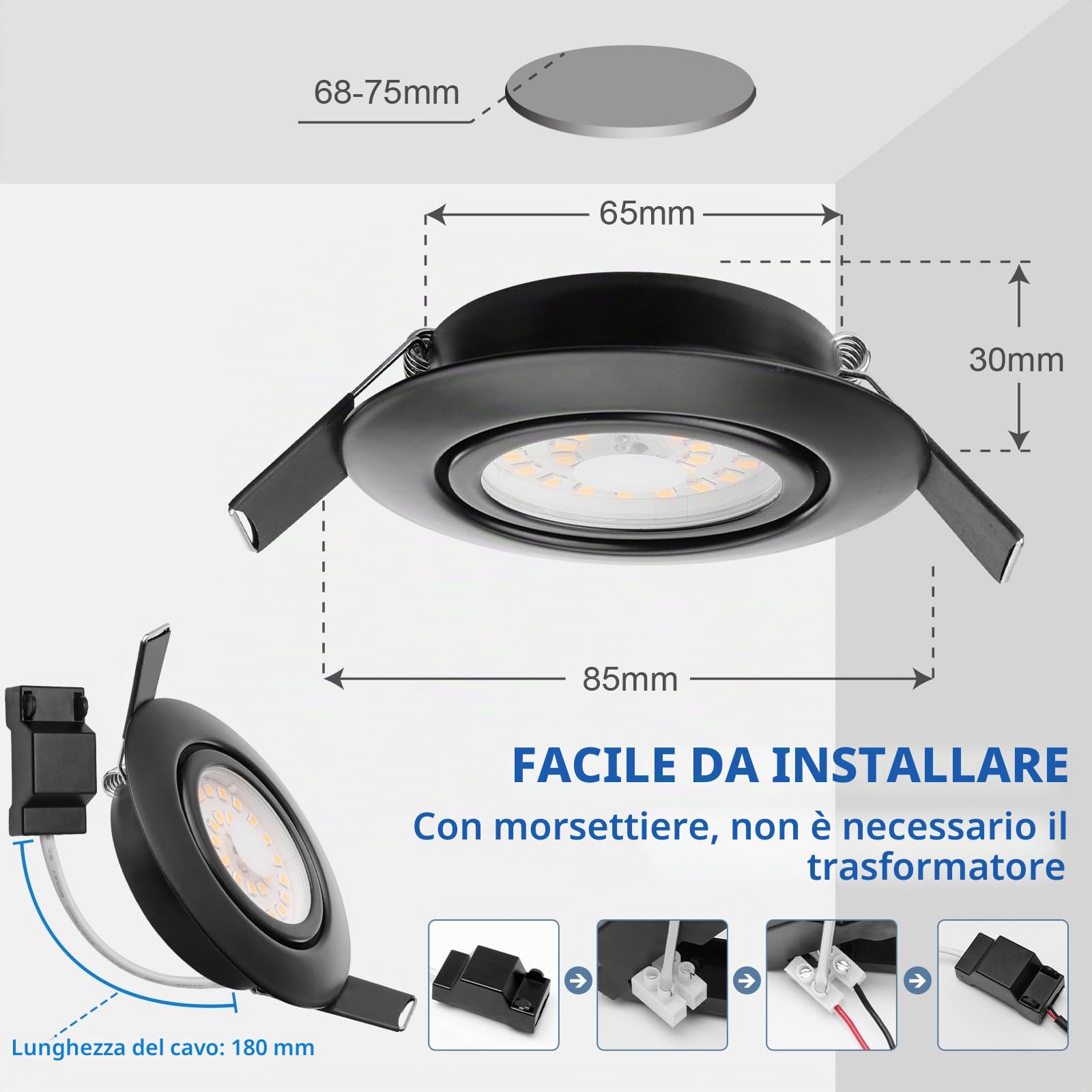 Faretti LED Incasso per cartongesso Dimmerabili 5W Nero Faretti LED Ultrasottili Faretti da Soffitto 45° Orientabili Bianco Caldo 3000K 500LM, Diametro Foro 68-75mm, IP44 Faretti da Incasso, Set di 6
