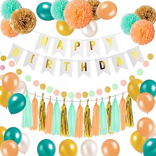 Kit de decoración de cumpleaños de 50 piezas, pancartas de feliz cumpleaños color dorado menta con pompones de seda, borlas de papel, guirnalda de