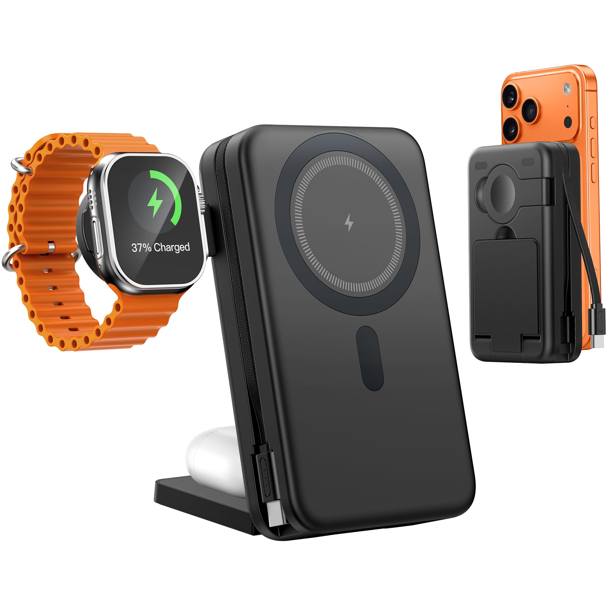 FELIZUPER 5-in-1 Portable Charger,10000mAh Foldable Power Bank Fast Charging Station Built-in USBC cable Travel,for MagSafe Battery Pack Magnetic for iPhone 17/16/15/14/13/12,Apple Watch,Airpods,Black