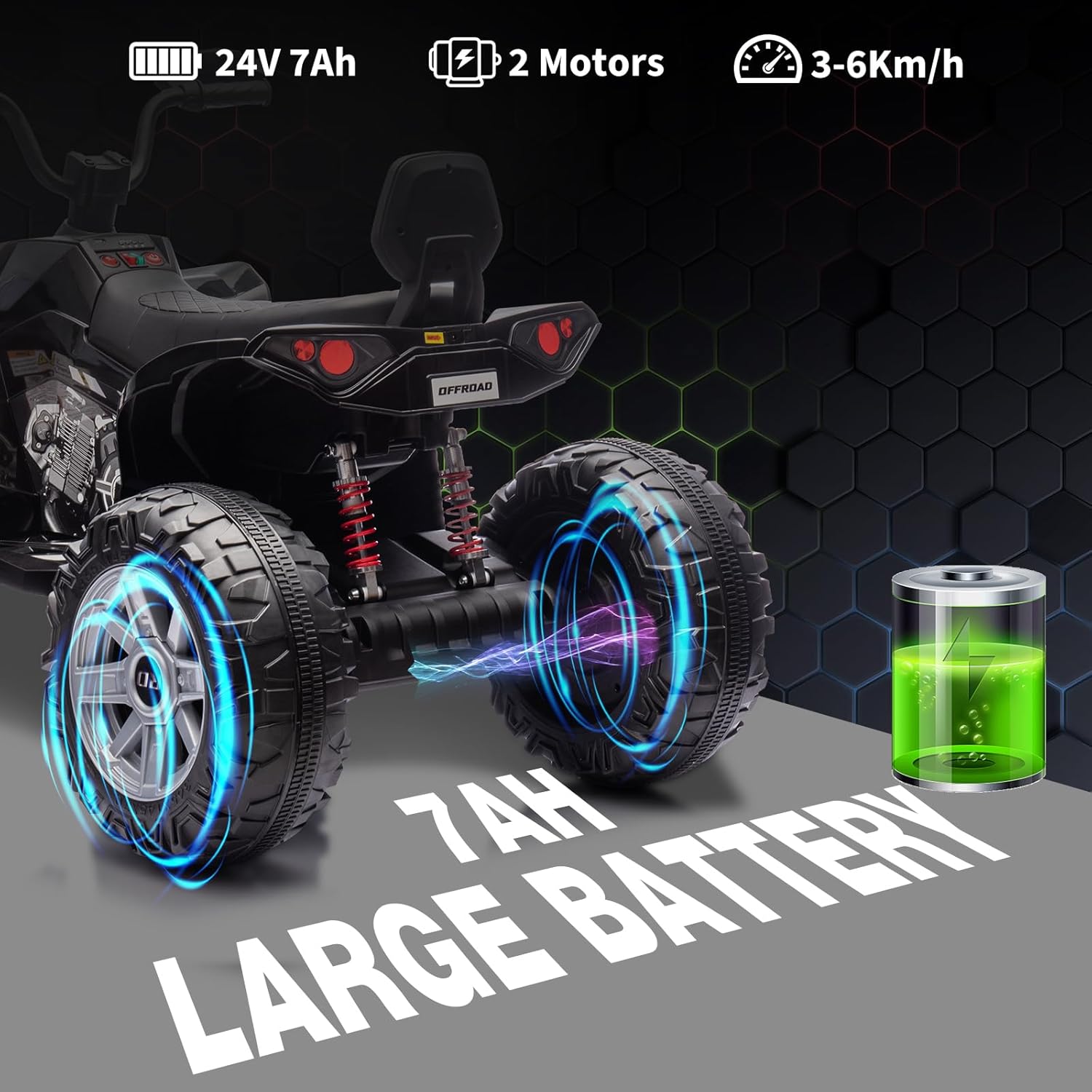 24V 2 Seater Kids Ride On ATV, 4-Wheeler Quad Car with Forward/Reverse 2 Gears, 14.4" Big Treaded Tire, Electric Vehicle ATV Car Best Gift for Boys Girls, Black