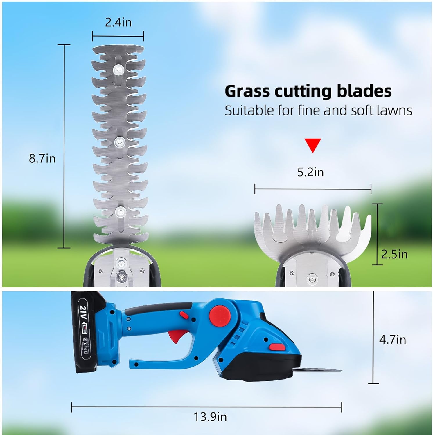 Jadeshay Cordless Electric Hedge Trimmer, 21V Lightweight Garden Shrub Grass Pruner with Long Blade & Safety Features