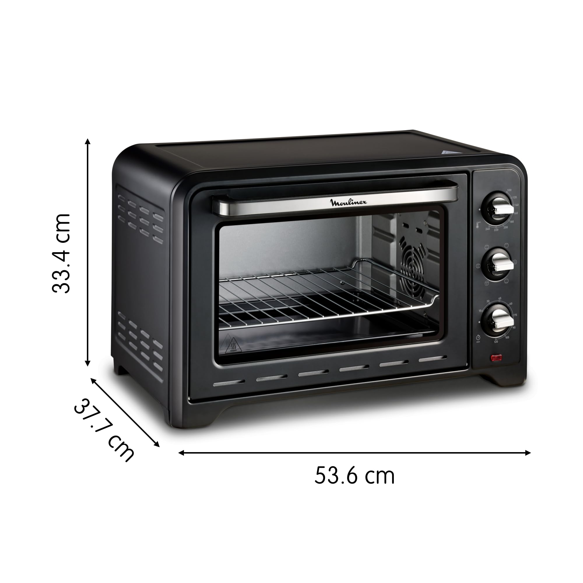 Moulinex - Horno posable 33 L, calor giratorio, convección de punta, 6 modos de cocción, termostato ajustable hasta 240 °C, temporizador 120 min, rejilla reversible, manoplas de silicona, Optimo Negro