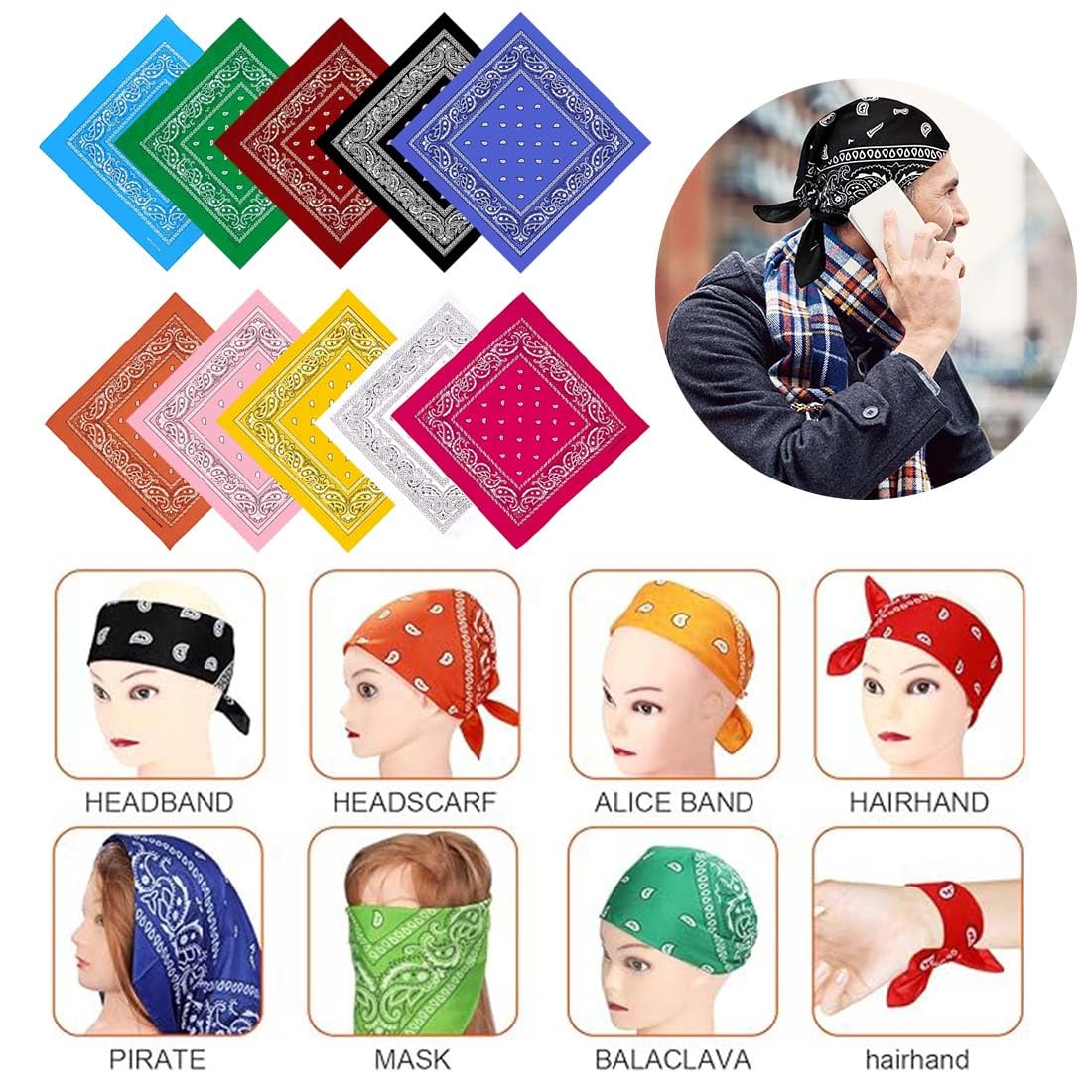 Confezione da 10 bandane nere - Set di 10 bandane in cotone per