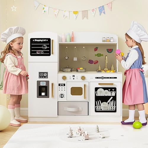 Miniatura 9 de Costzon Juego de cocina para niños, cocina de madera con luces y sonidos, microondas, máquina de hielo, lavavajillas, fregadero, pizarra, juego de