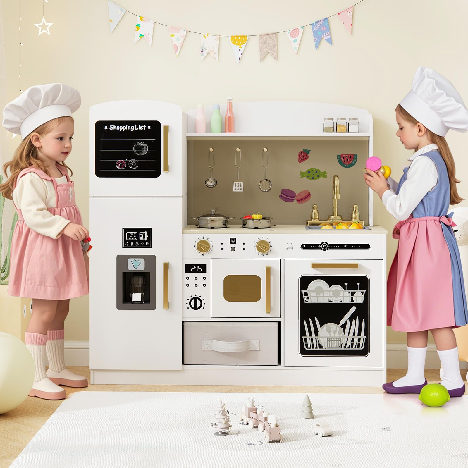 COSTWAY Cucina Giocattolo con Macchina del Ghiaccio e Microonde con Luce, Cucina per Bambini in Legno con 2 Lavagne, Lavandino e Cassetto in Tessuto, Set Cucina con 9 Accessori, 86 x 27 x 83 cm