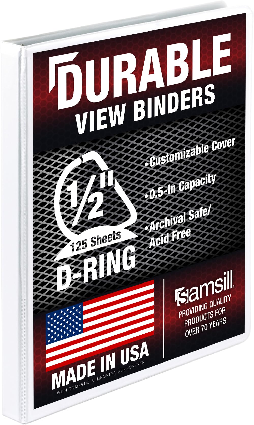 Samsill Durable 0.5 Inch, Made in the USA, D Ring, Customizable Clear View, White, Holds 125 Pages — image 1